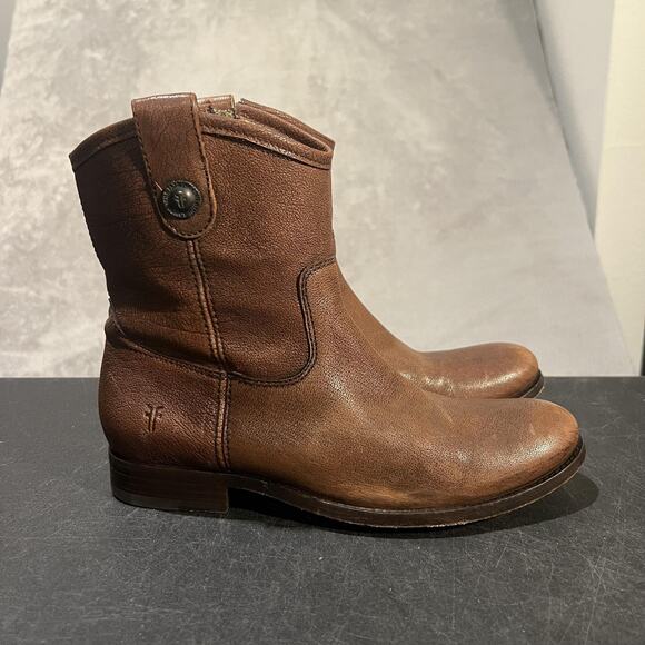 Frye Boots Melissa Short Button Womens Size 8.5 Brown Leather Ankle Moto Western - Picture 1 of 12